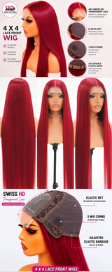BURGUNDY RED 4x4 GLUELESS CLOSURE WIG 38-Inch Long High Quality Blend Wig - Heat-Resistant, Luxury Long Wig for Glamorous Styling