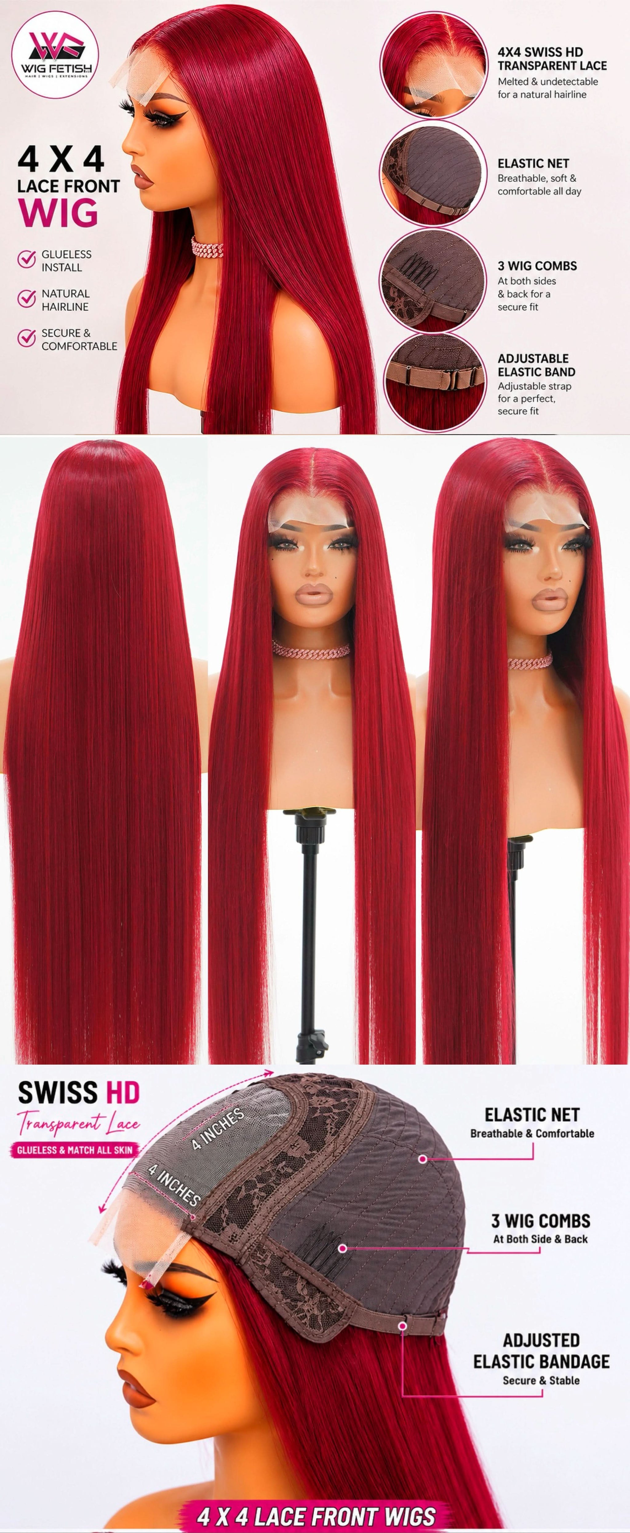 BURGUNDY RED 4x4 GLUELESS CLOSURE WIG 38-Inch Long High Quality Blend Wig - Heat-Resistant, Luxury Long Wig for Glamorous Styling