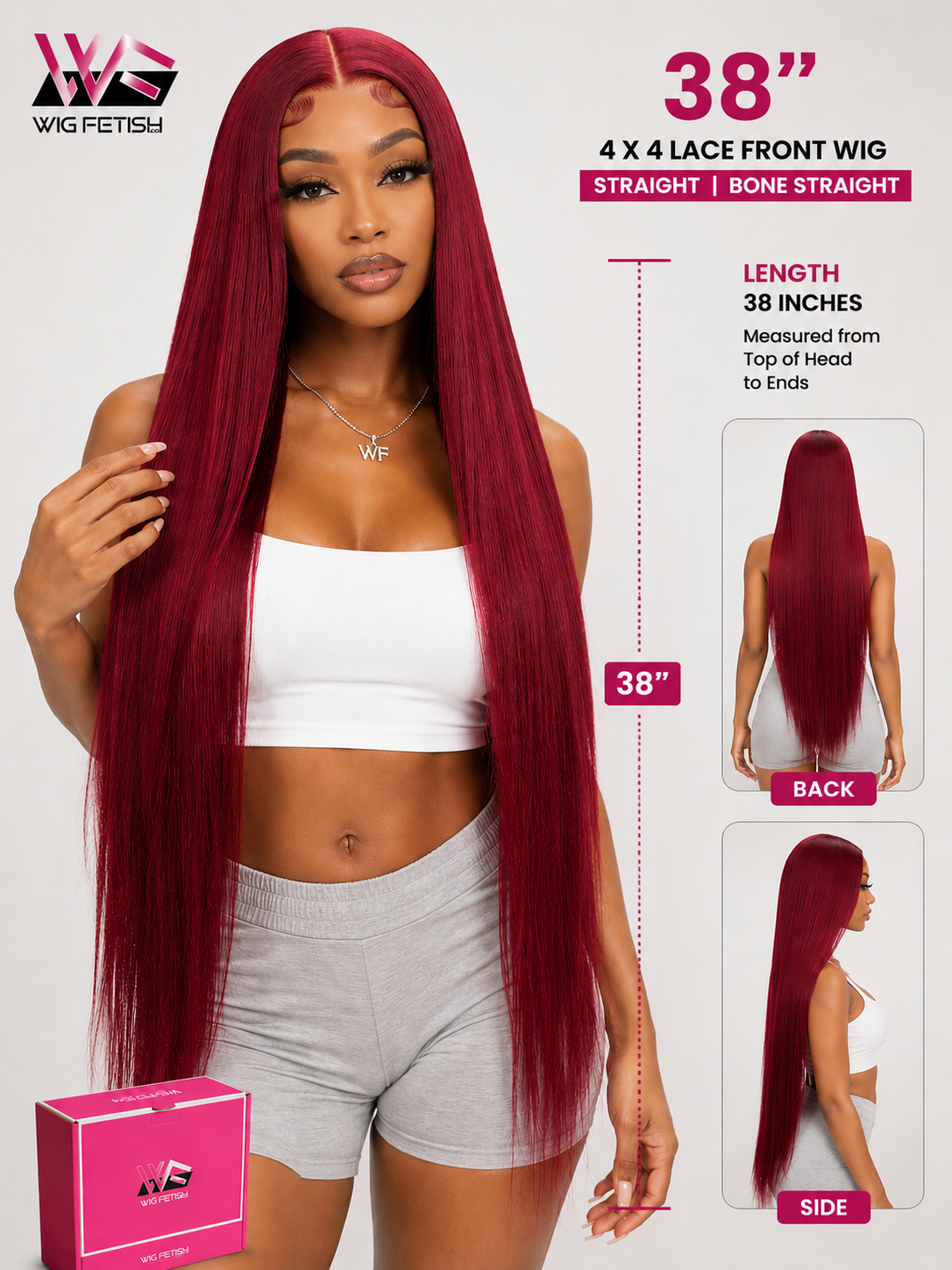 BURGUNDY RED 4x4 GLUELESS CLOSURE WIG 38-Inch Long High Quality Blend Wig - Heat-Resistant, Luxury Long Wig for Glamorous Styling