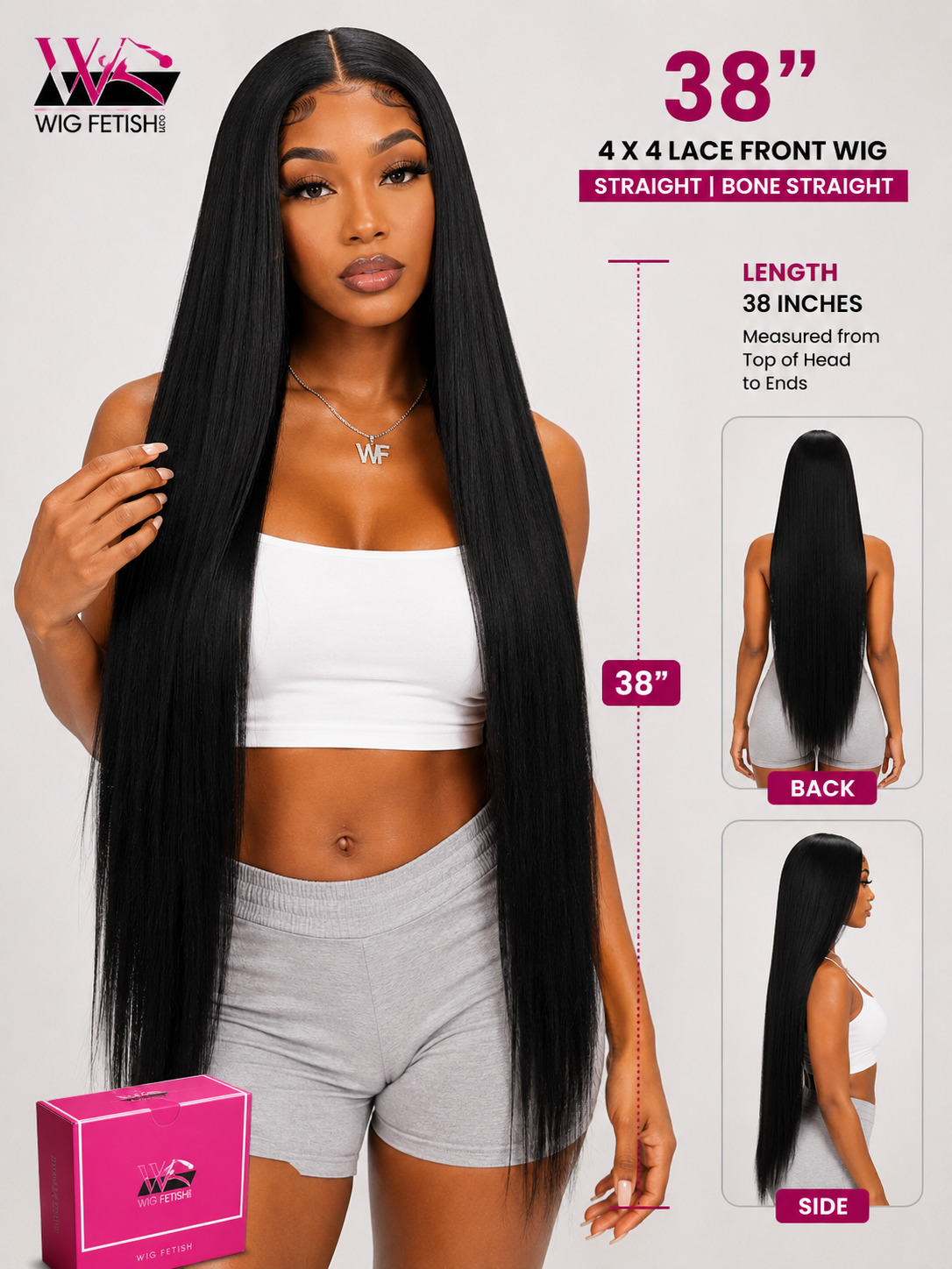 BLACK 4x4 GLUELESS CLOSURE WIG 38-Inch Long High Quality Human Blend Wig - Heat-Resistant, Luxury Long Wig for Glamorous Styling