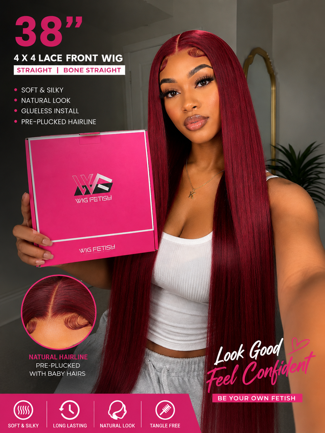 BURGUNDY RED 4x4 GLUELESS CLOSURE WIG 38-Inch Long High Quality Blend Wig - Heat-Resistant, Luxury Long Wig for Glamorous Styling