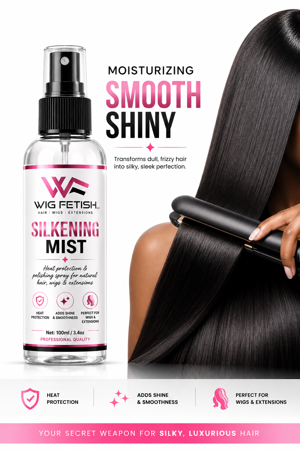 (Synthetic Hair & Human Hair Silkening Polishing Heat Protection Mist Spray) 3.5oz