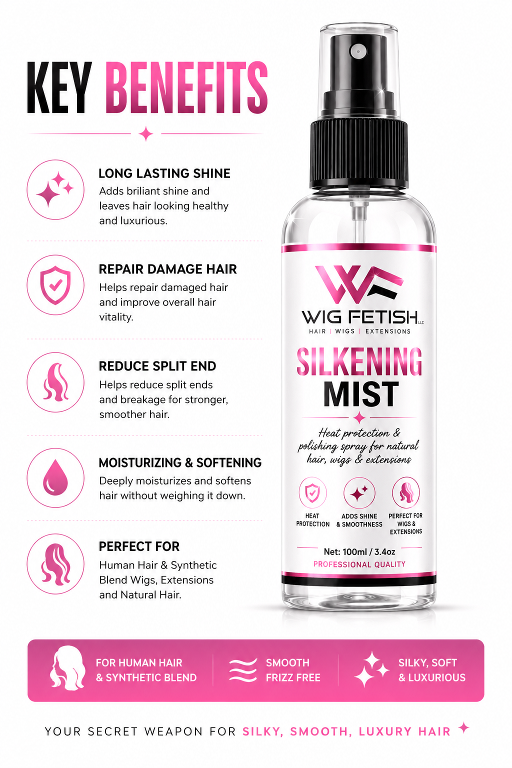 (Synthetic Hair & Human Hair Silkening Polishing Heat Protection Mist Spray) 3.5oz
