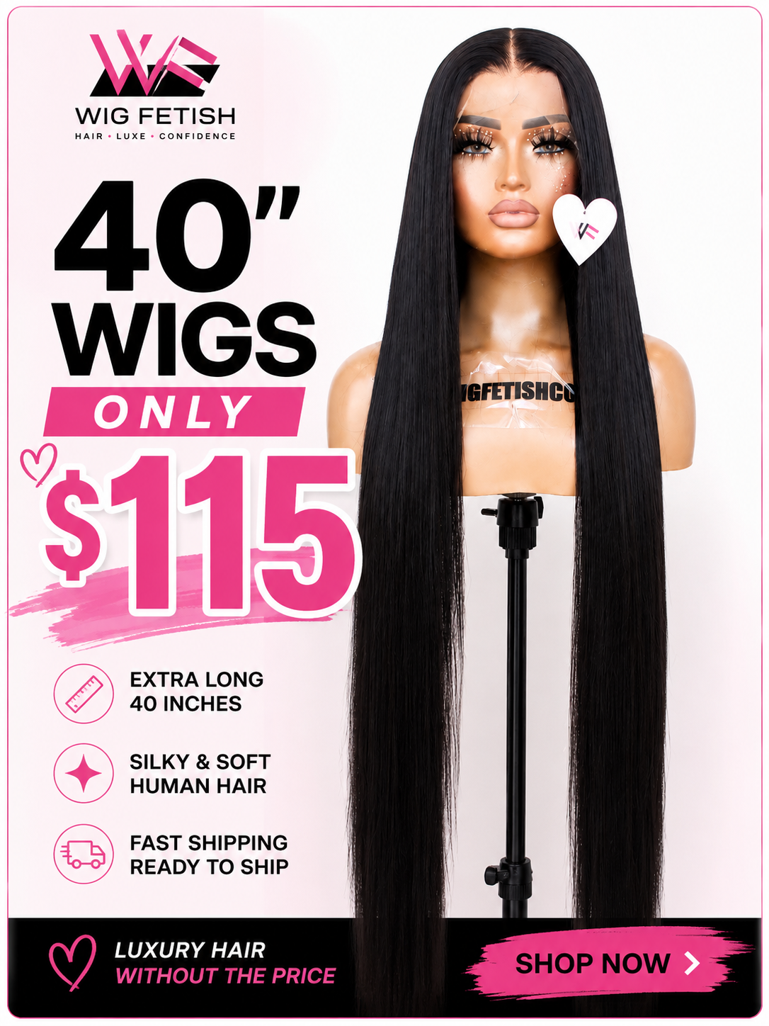 BLACK 40-Inch Human Fiber Blend Wig - Heat-Resistant, Luxury Long Wig for Glamorous Styling