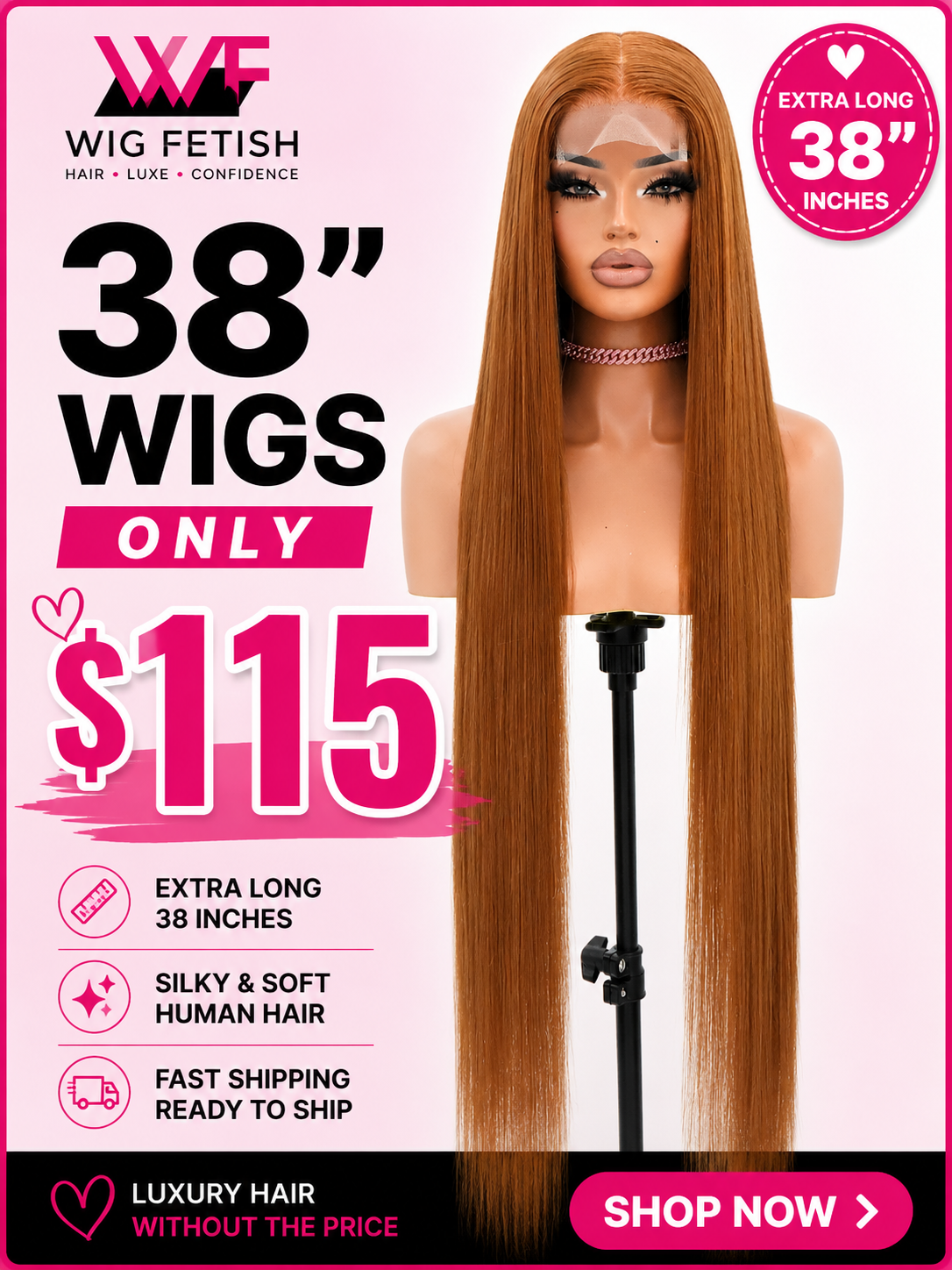 BROWN 4x4 GLUELESS CLOSURE WIG 38-Inch Long High Quality Human  Blend Wig - Heat-Resistant, Luxury Long Wig for Glamorous Styling