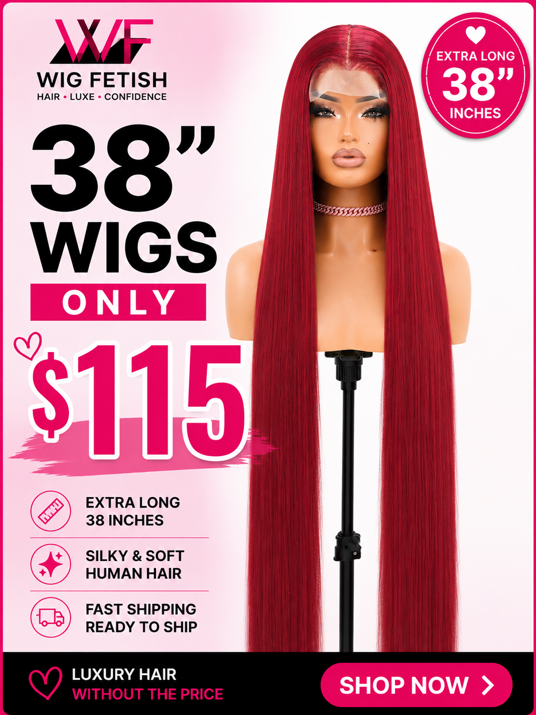 BURGUNDY RED 4x4 GLUELESS CLOSURE WIG 38-Inch Long High Quality Blend Wig - Heat-Resistant, Luxury Long Wig for Glamorous Styling
