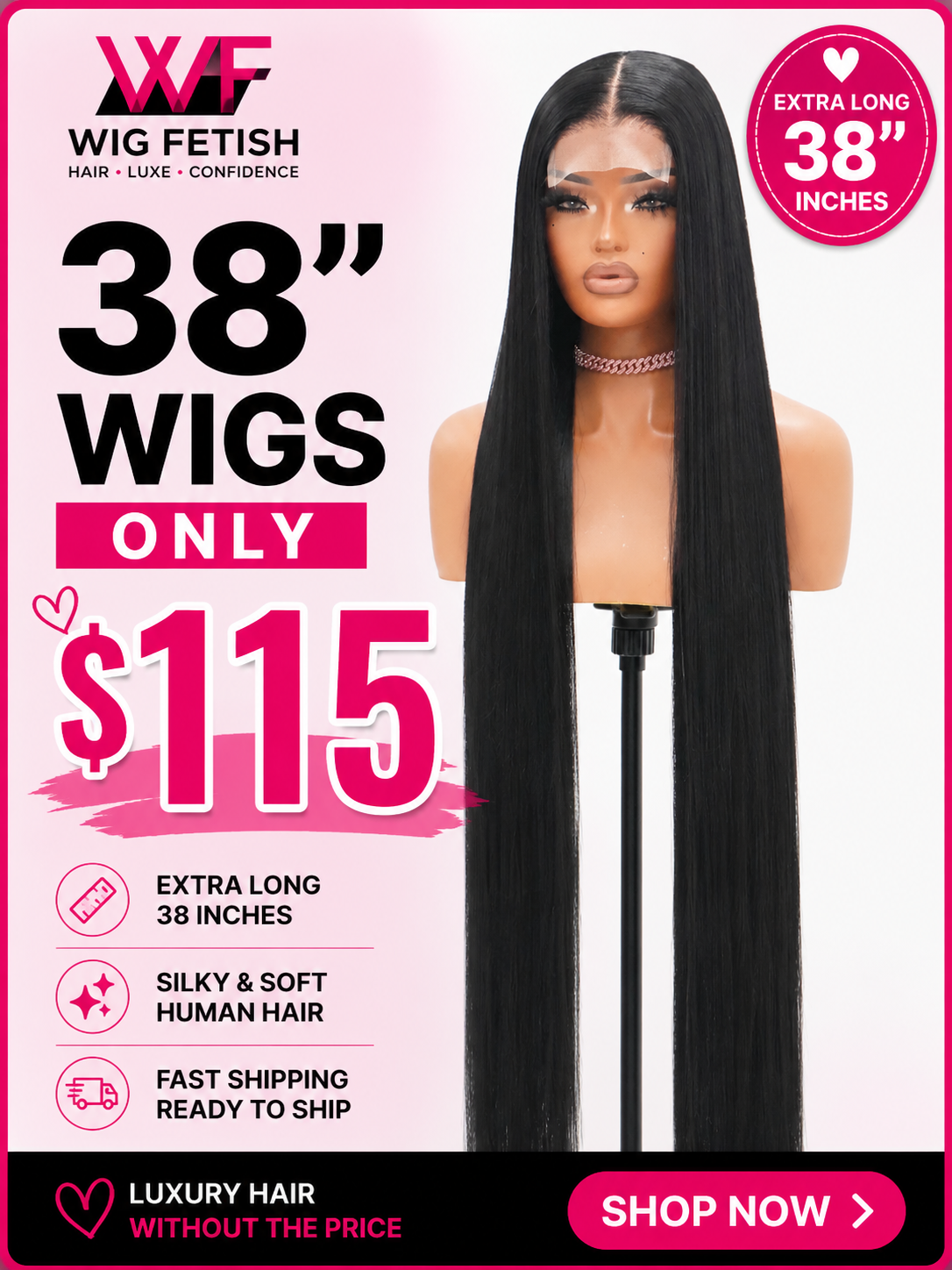 BLACK 4x4 GLUELESS CLOSURE WIG 38-Inch Long High Quality Human Blend Wig - Heat-Resistant, Luxury Long Wig for Glamorous Styling