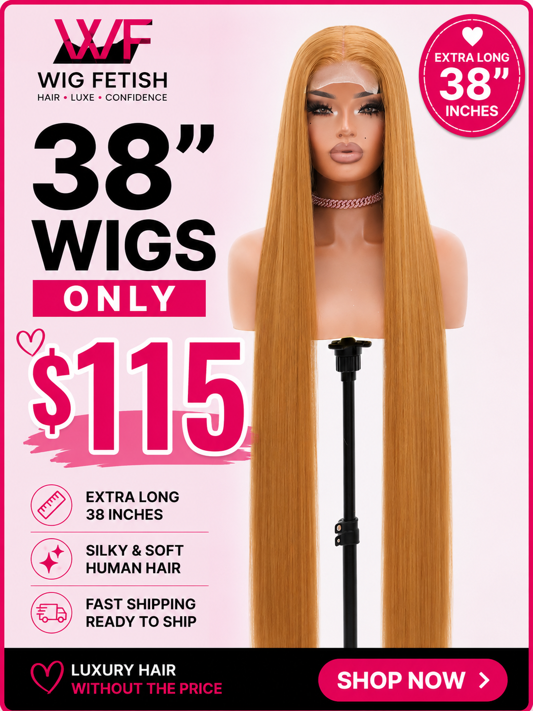 HONEY BLONDE HL 4x4 GLUELESS CLOSURE WIG 38-Inch Long High Quality Human Blend Wig - Heat-Resistant, Luxury Long Wig for Glamorous Styling